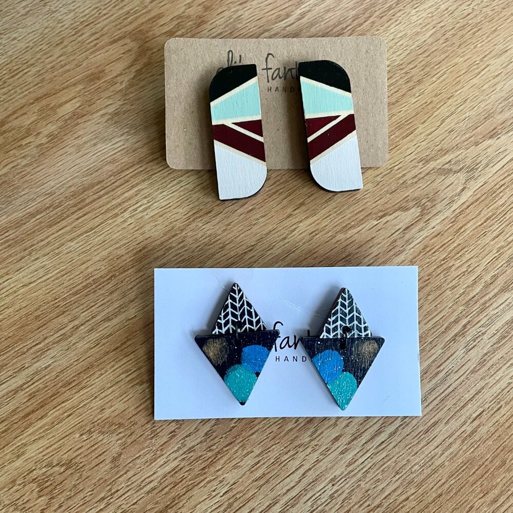 x2 Abstract Triangle and Tribal Wooden Modern Mountain Earrings Lightweight